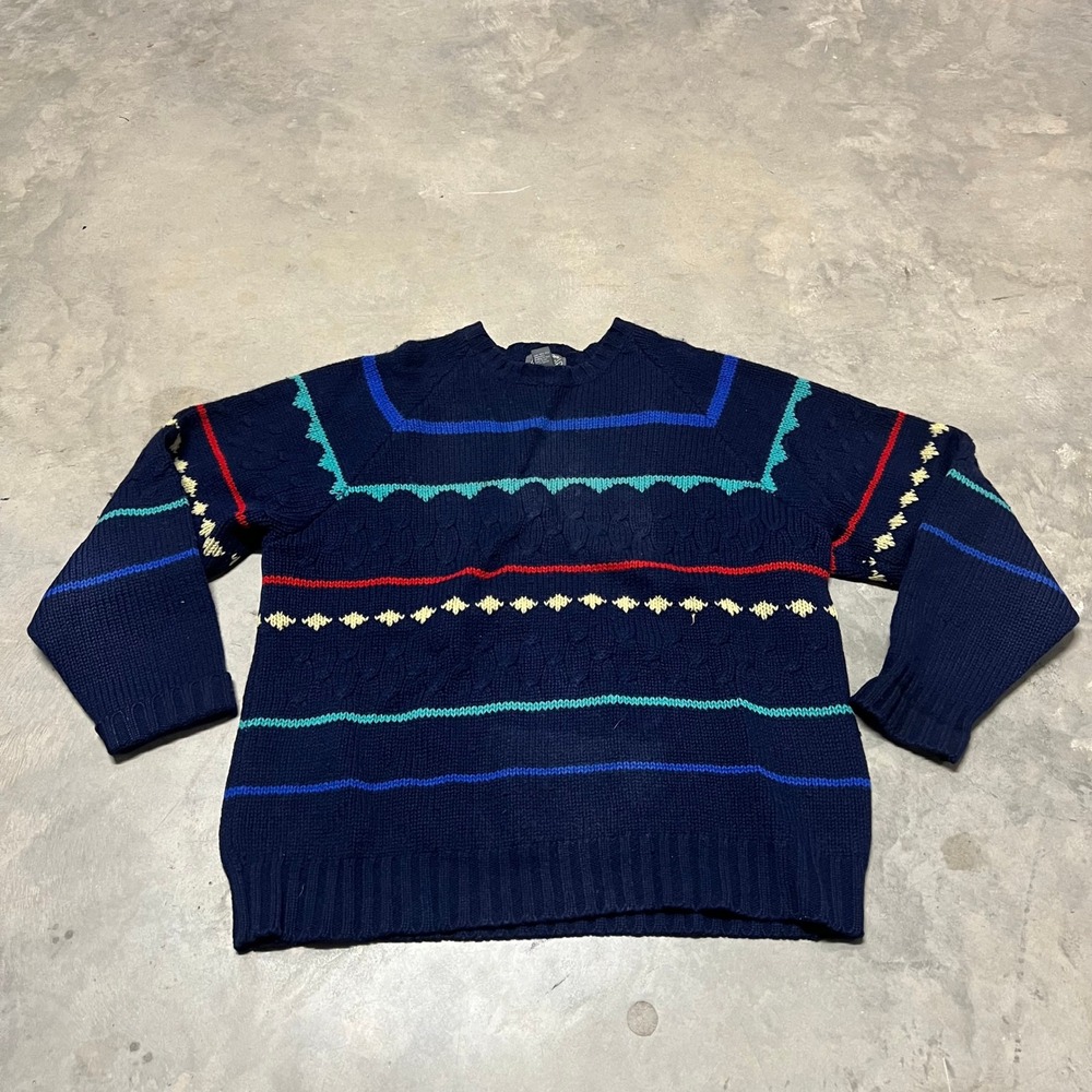 Lord & Taylor Mens XL Shetland Wool Sweater Navy Blue Cable Knit Stripe